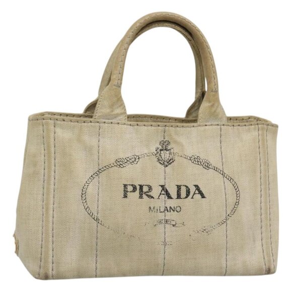 PRADA Canapa PM Hand Bag Canvas Gray Gold Auth bs23956 - Picture 1 of 16